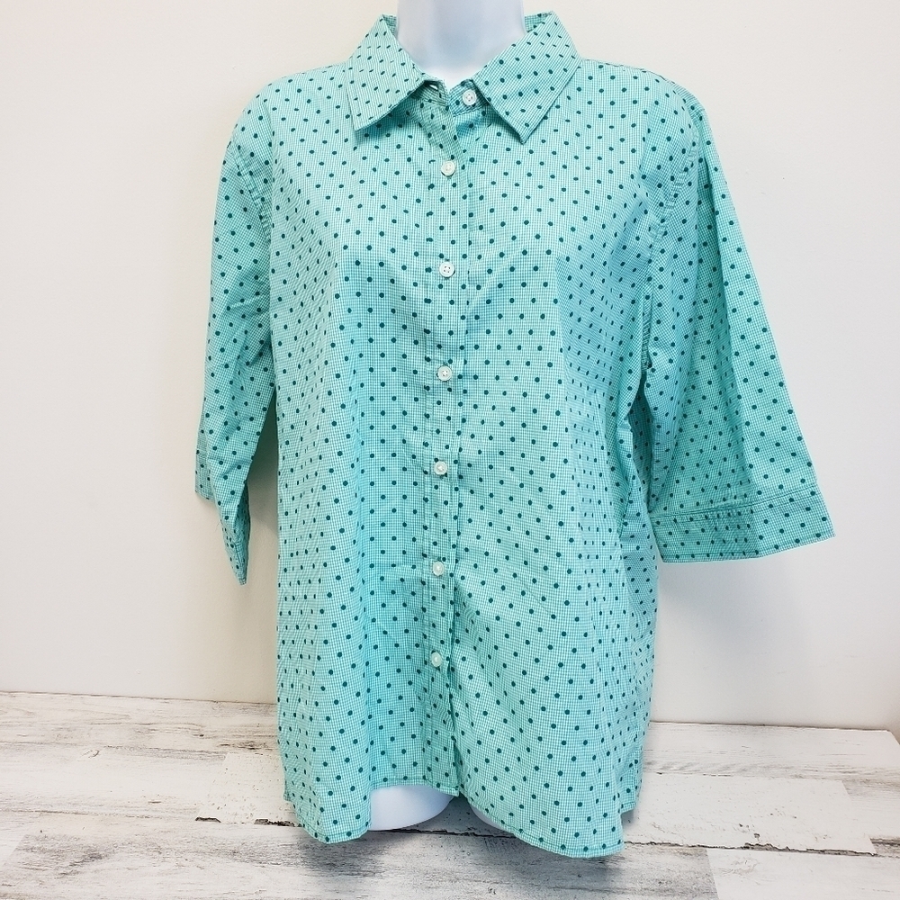 American Sweetheart Womens Blue Green Button Gingham Polka Dot Top Size Large
